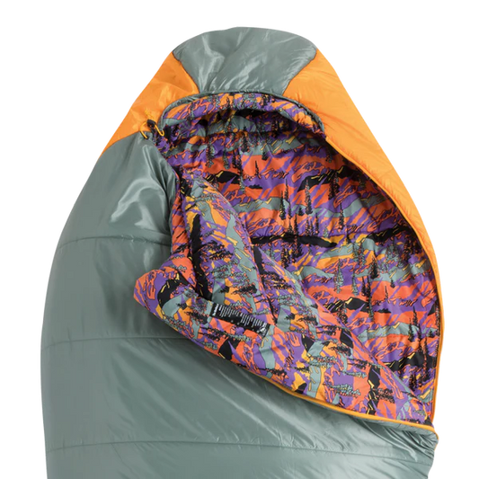 Multicolored sleeping bag with orange, gray, and purple pattern on a white background