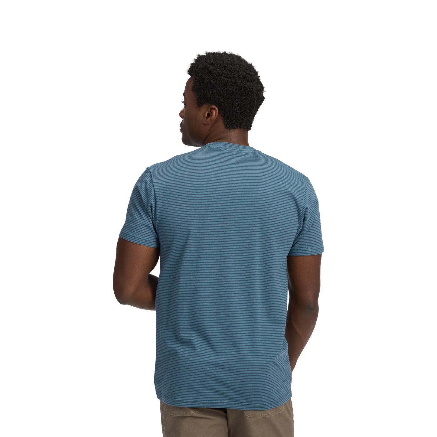 Man wearing a blue striped t-shirt on a white background