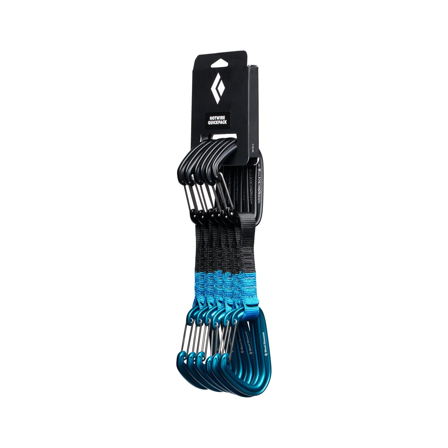 Set of blue carabiners on a black strap with a brand label on a white background