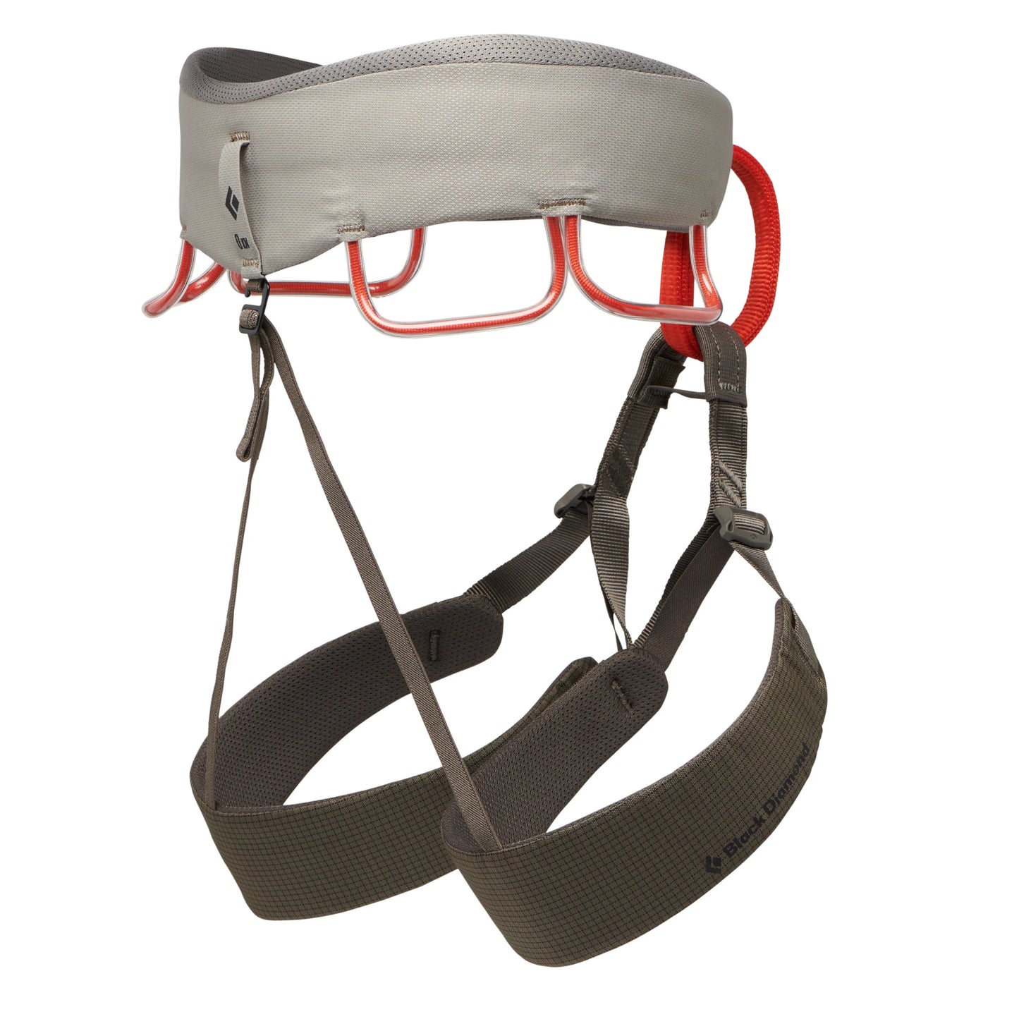 Climbing harness with gray backplate and red carabiner on a white background
