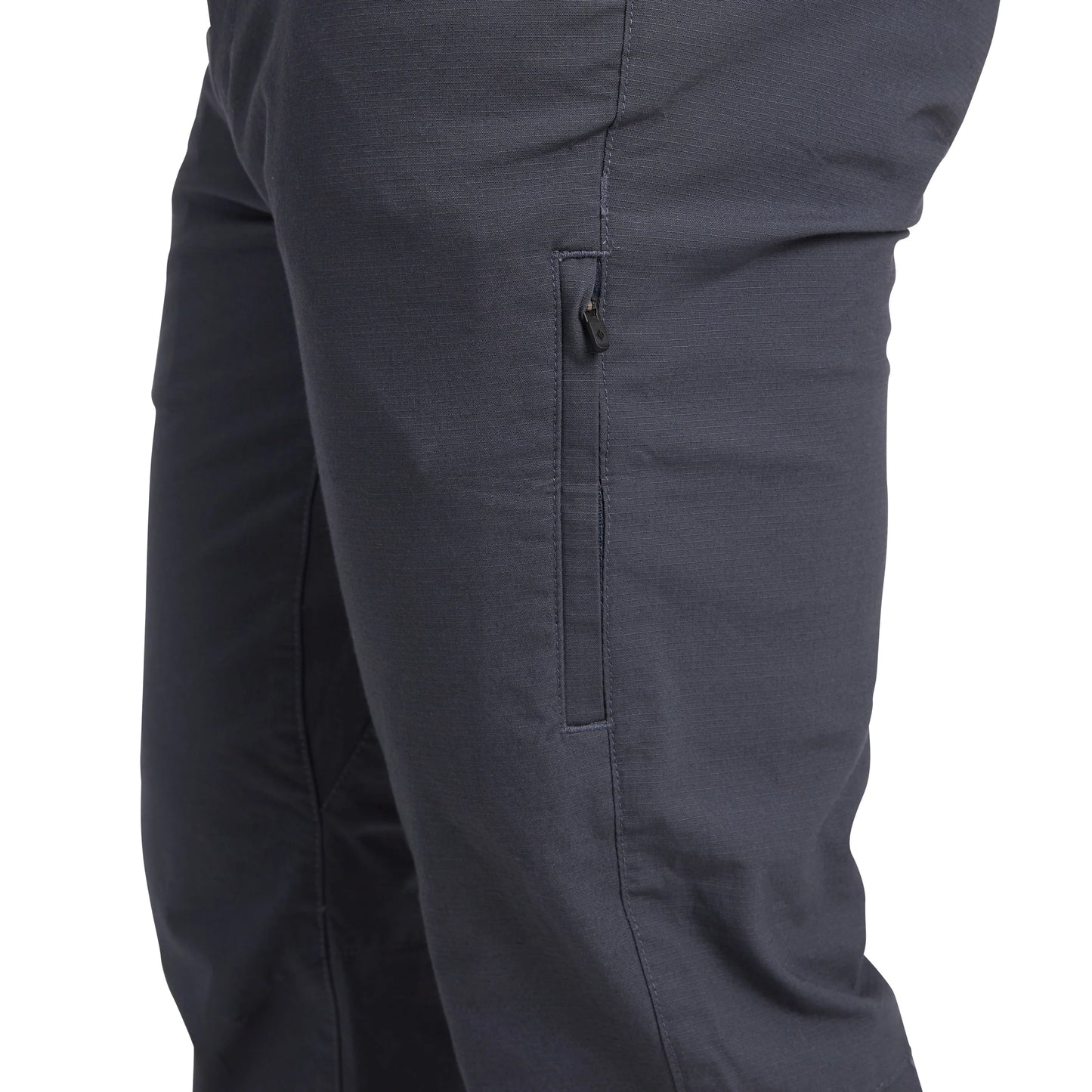 Close-up of dark gray pants on a white background