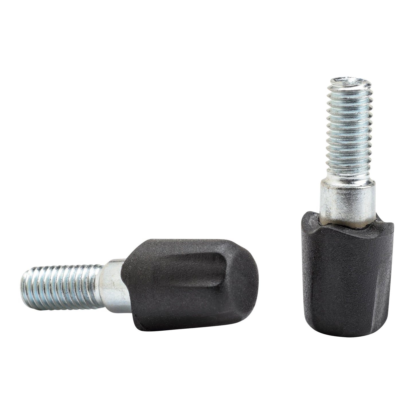 Two metal bolts with black rubber sleeves on a white background