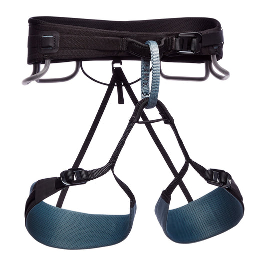 Climbing harness with blue straps on a white background