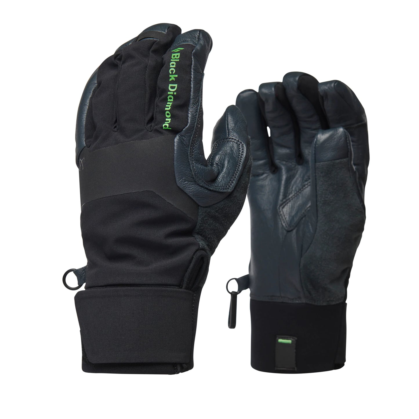 Black gloves with visible branding on a white background