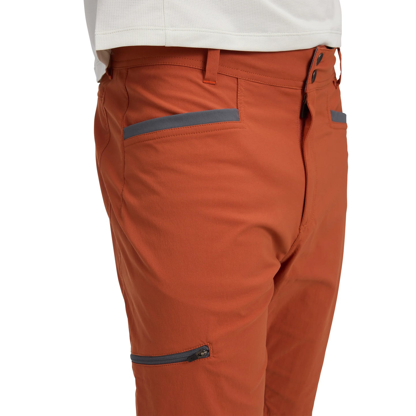 Orange pants with gray zippers and accents on a white background