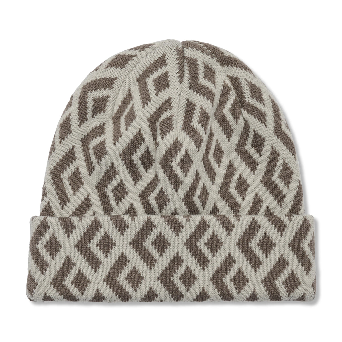 Beige and brown patterned beanie on a white background
