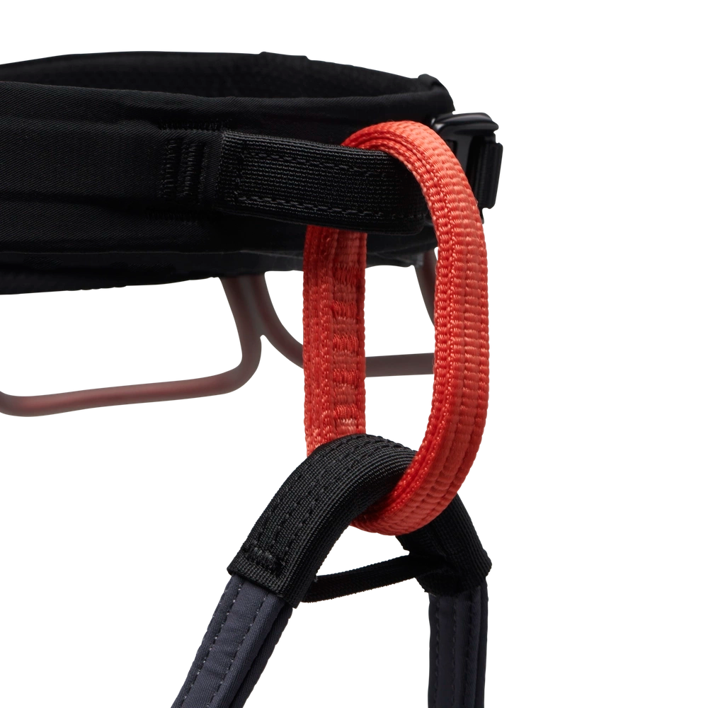 Close-up of a black chair with a red strap on a white background
