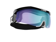 Load image into Gallery viewer, Black goggles with a purple and blue lens on a white background