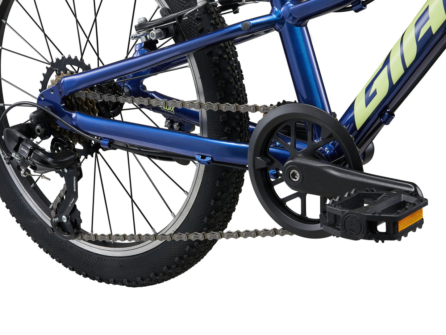 Close-up of a blue bicycle with chain and pedal on a white background