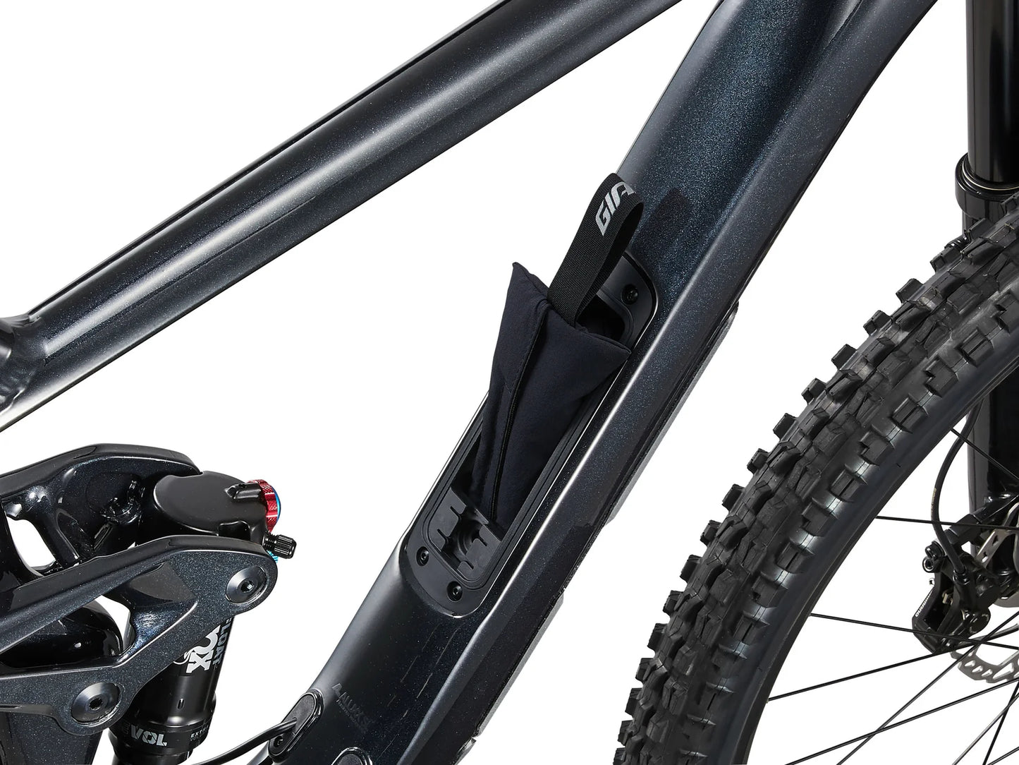 Close-up of a bicycle frame with a black fender on a white background