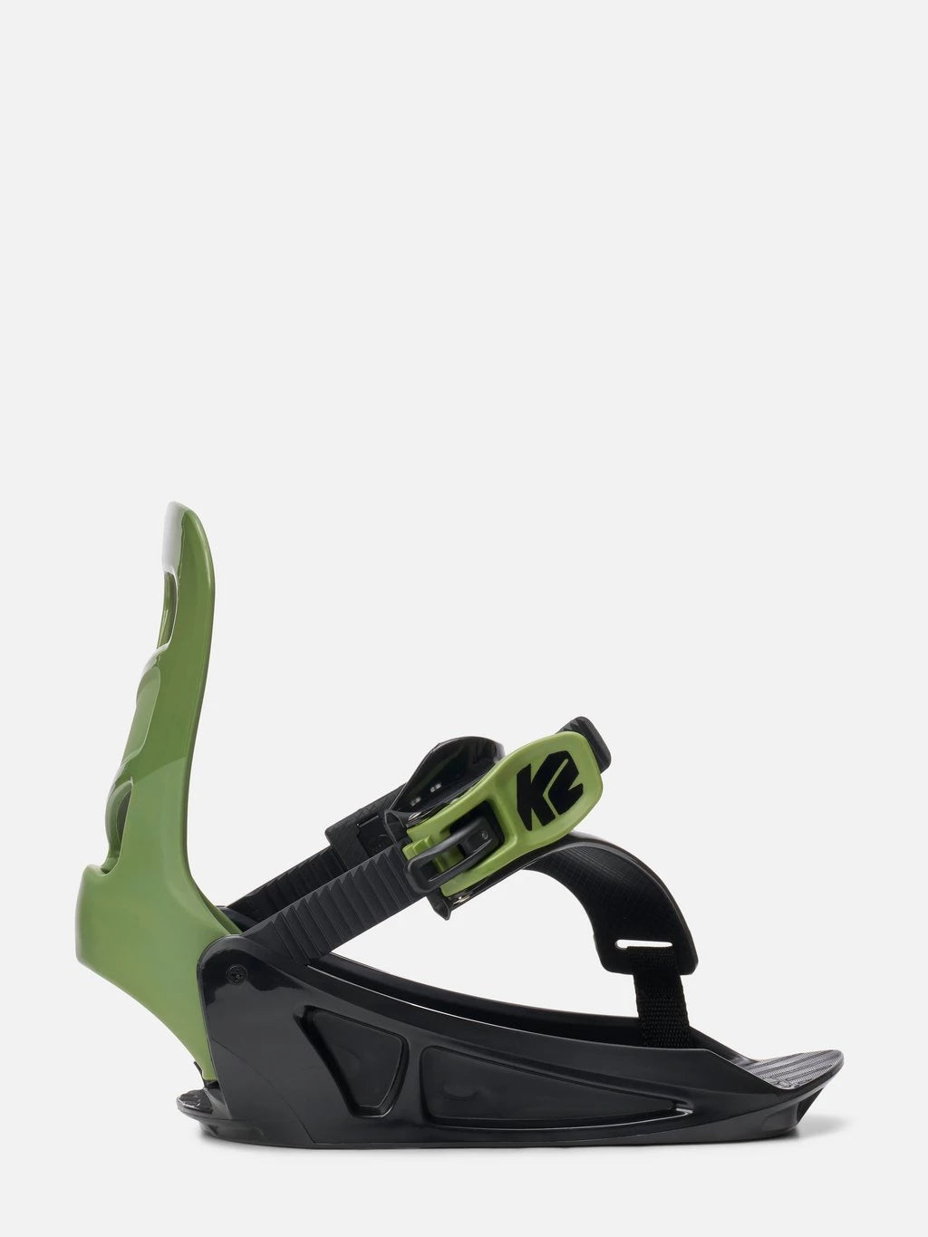 A single snowboard binding shown in side profile against a light gray background. The binding features a black base and baseplate with a bright lime green heel insert and matching green buckle strap, and a black K2 logo on the buckle.
