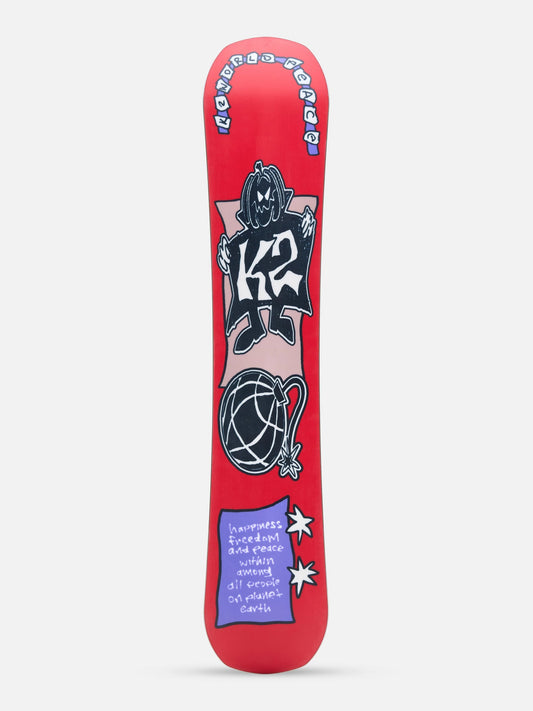 A red skateboard deck featuring a black and white cartoon character with 'KR' lettering, a globe graphic, and a purple text box near the tail, shown against a light gray background.