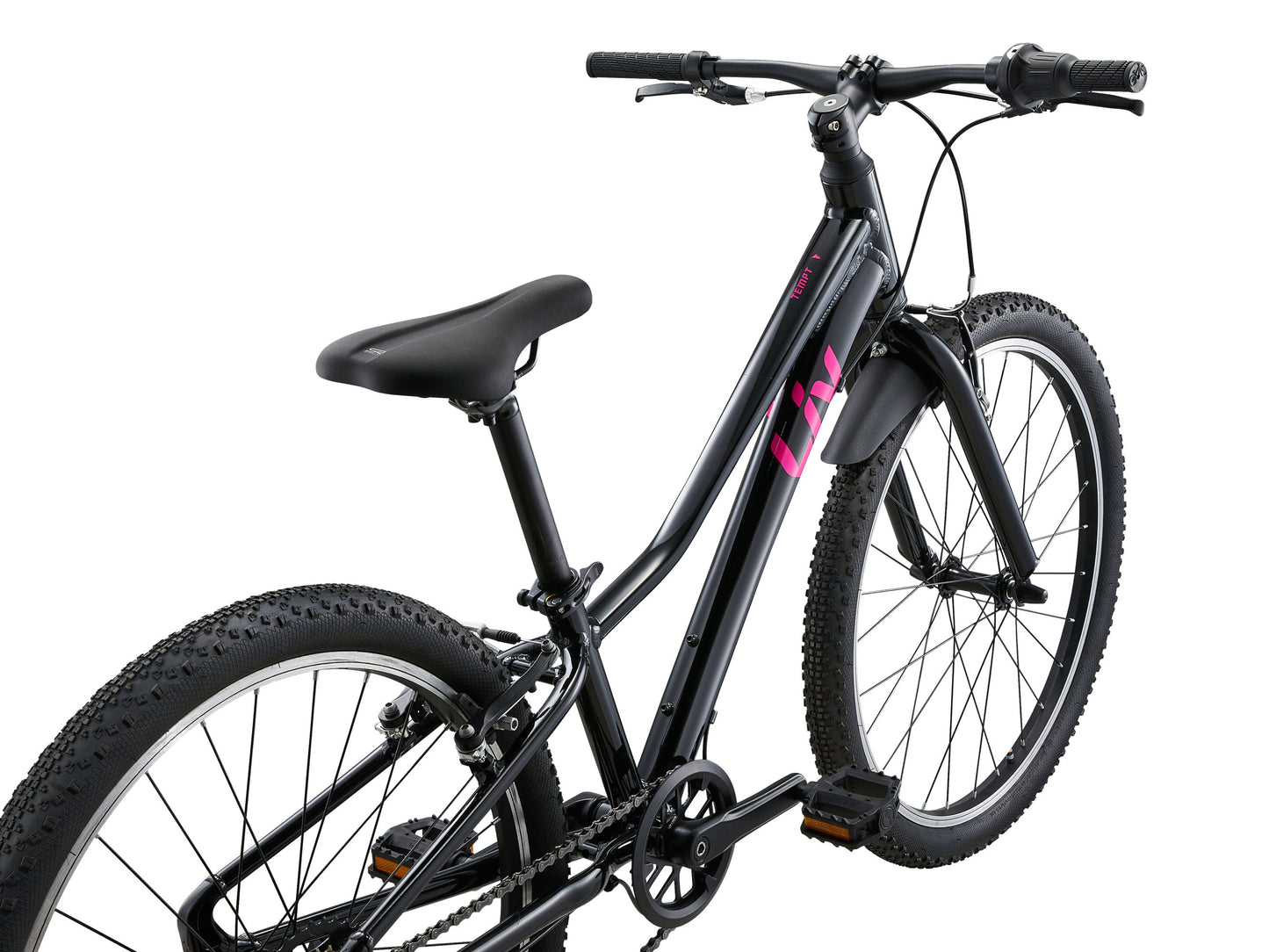 Black bicycle with pink lettering on a white background