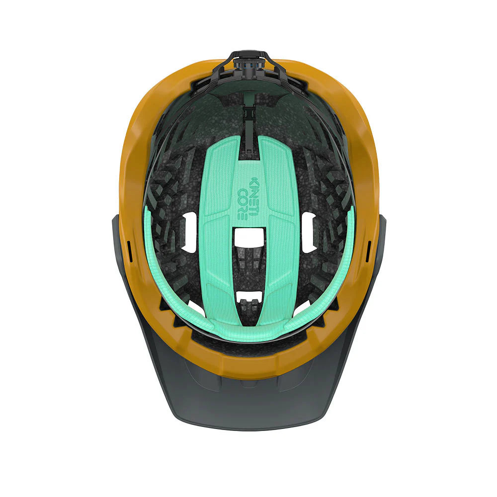 Helmet with a yellow exterior and green interior on a white background