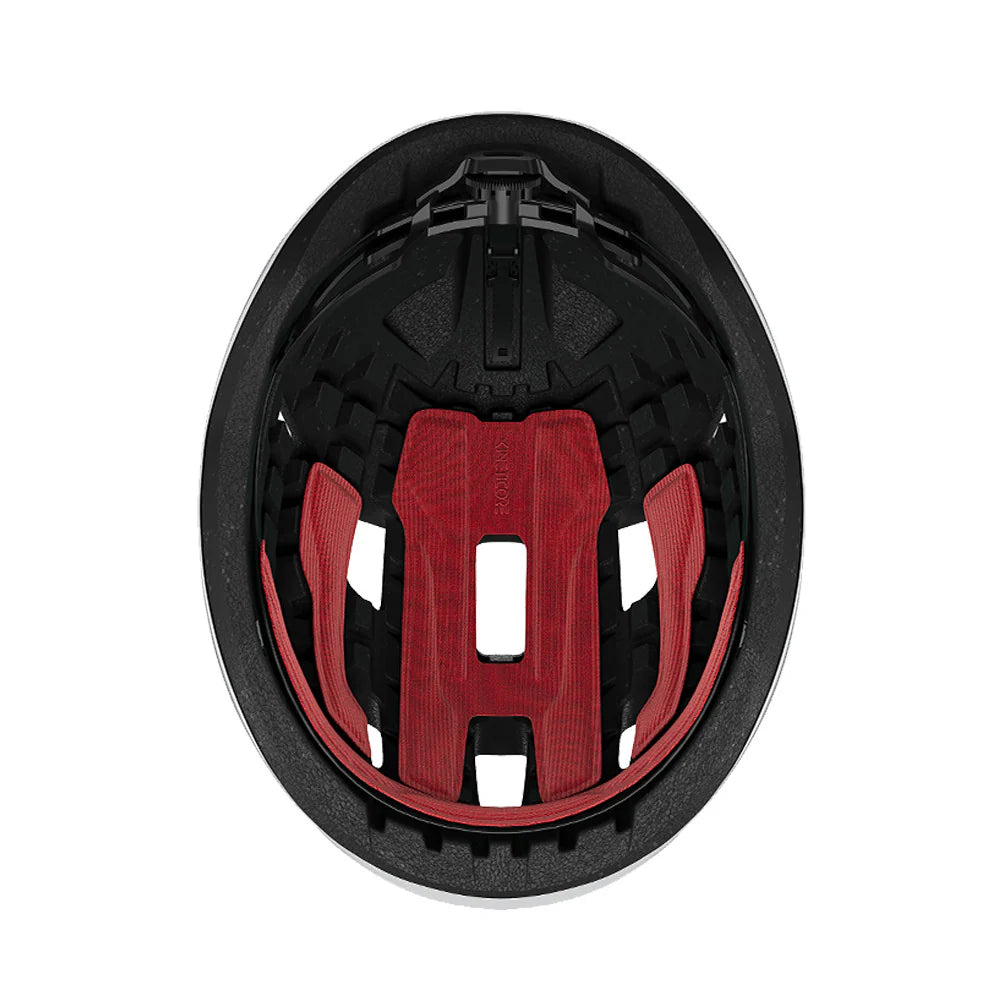 Close-up of a black and red helmet interior on a white background
