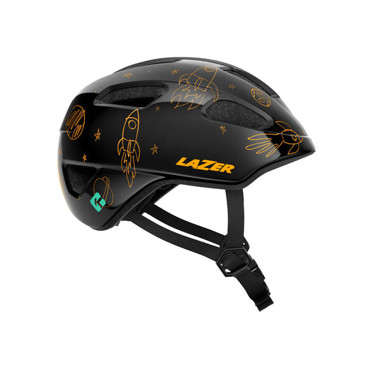 Black helmet with yellow designs and 'Lazer' branding on a white background