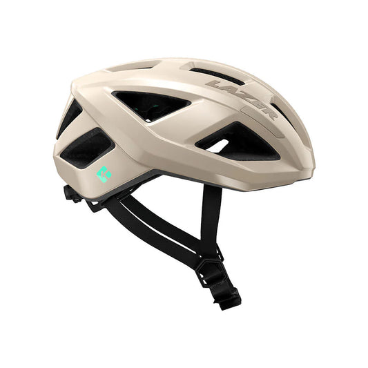 Beige bicycle helmet with black straps on a white background