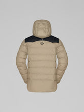 Load image into Gallery viewer, Beige puffer jacket with black hood on a light gray background