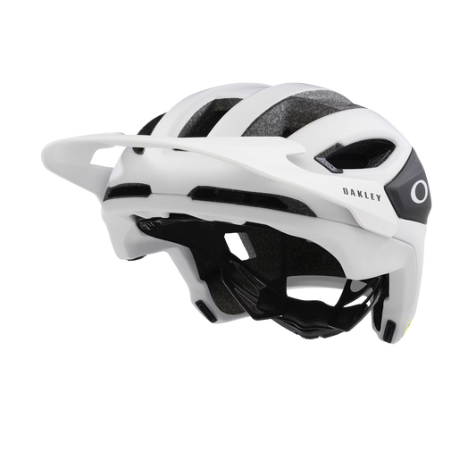 White and black helmet with Oakley logo on a white background