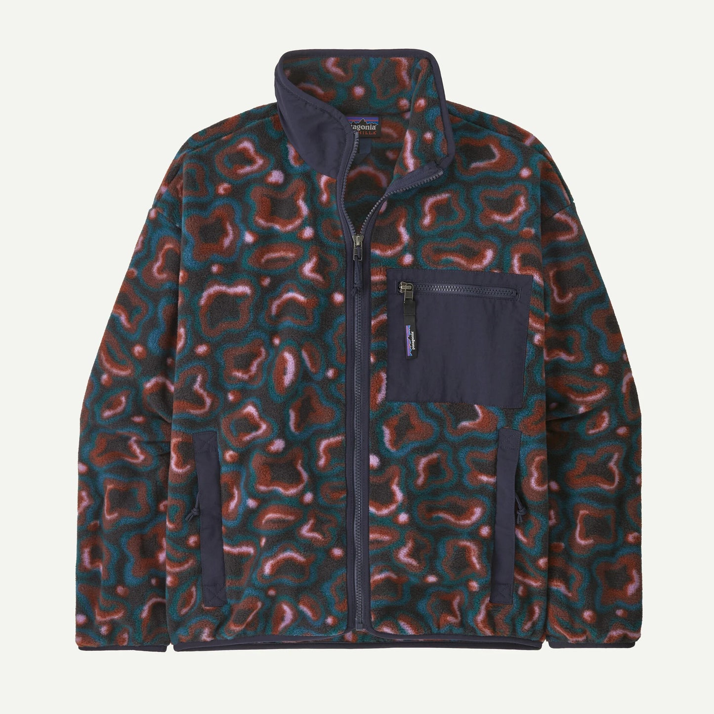 Patterned jacket with a visible brand logo on a light gray background