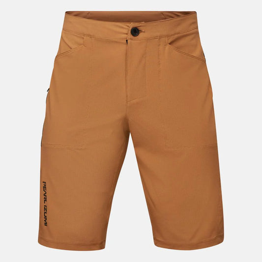 Brown shorts with a brand logo on a white background