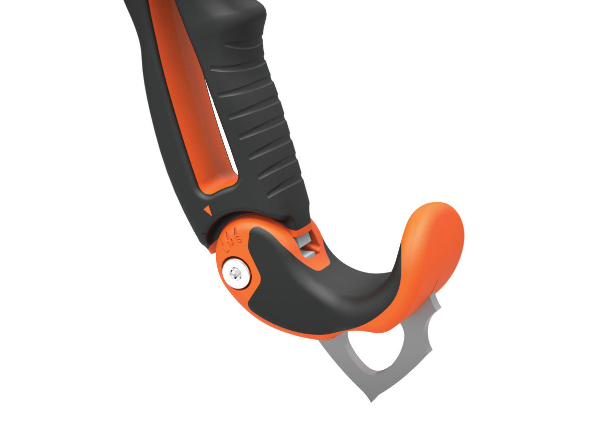 Orange and black ice axe handle on a white background