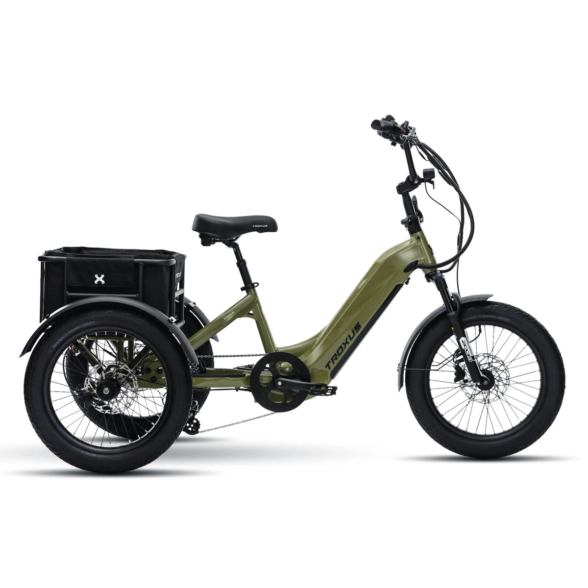An olive green electric tricycle with a black cargo box, black saddle, and black tires, shown from a side profile on a white background.