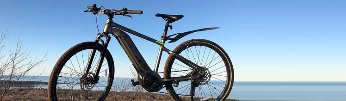 Giant ebike electric bicycle on a Marquette Mountain overlooking Lake Superior in the Upper Peninsula