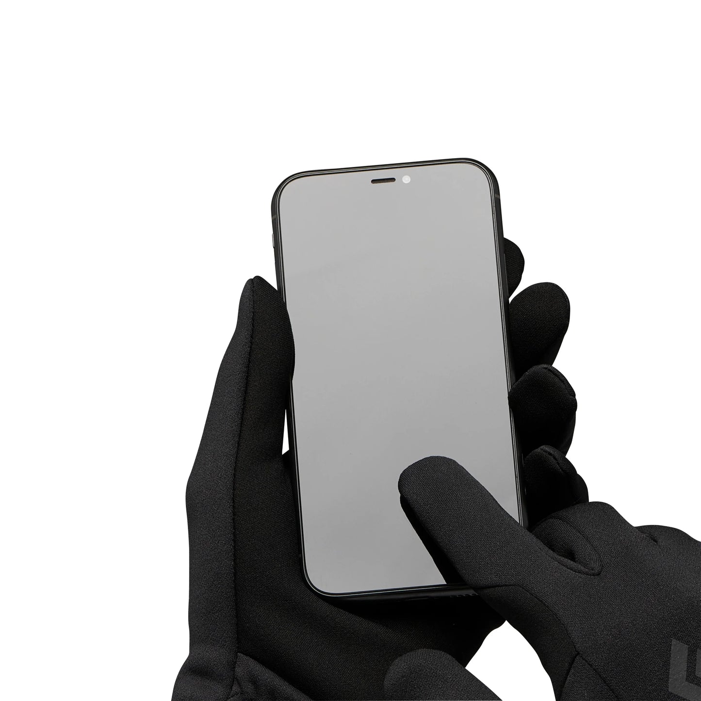 Black Gloves holding phone on white background