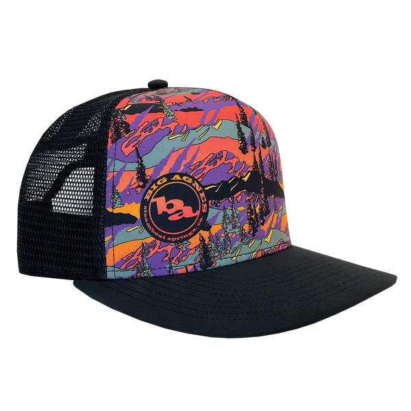 Colorful trucker hat with a pattern and logo on a white background