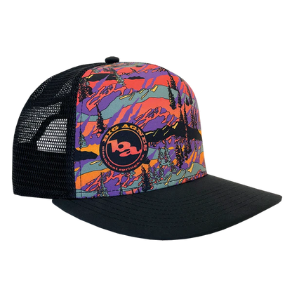 Colorful trucker hat with a pattern and logo on a white background