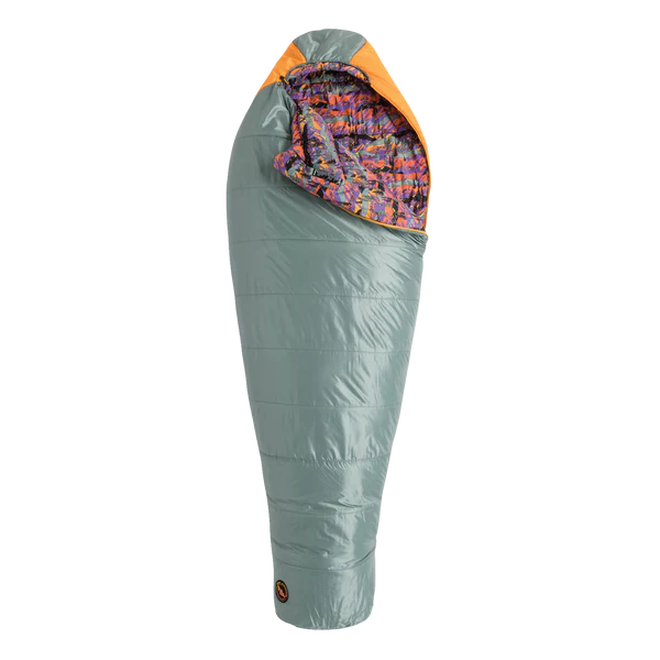 Gray sleeping bag with colorful interior on a white background