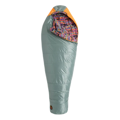 Gray sleeping bag with colorful interior on a white background