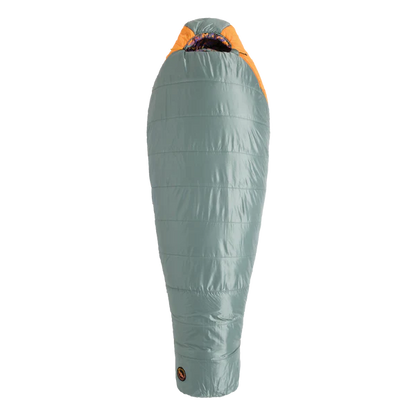 Green and orange sleeping bag on a white background