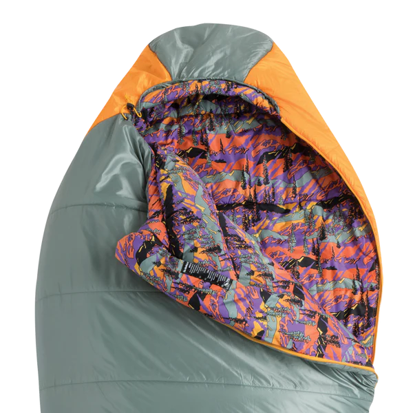 Multicolored sleeping bag with orange, gray, and purple pattern on a white background
