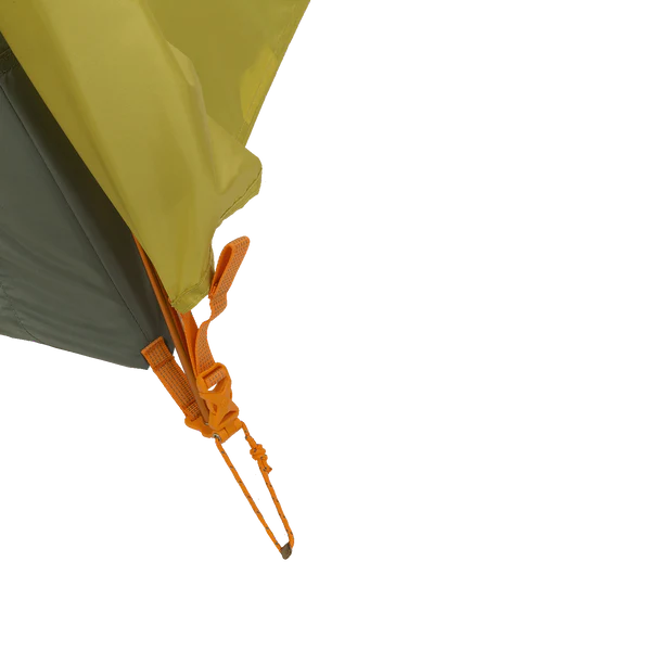Close-up of a tent with orange guy line and green fabric on a white background