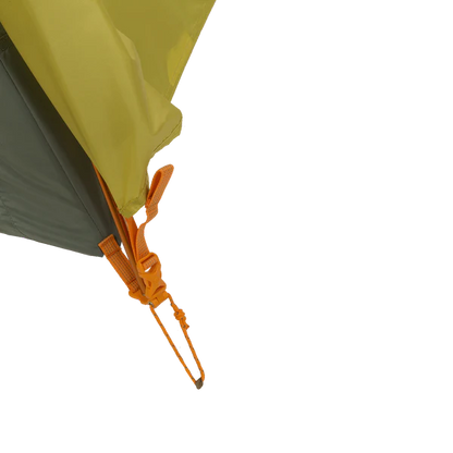 Close-up of a tent with orange guy line and green fabric on a white background