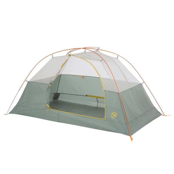 Green and gray tent with orange accents on a white background