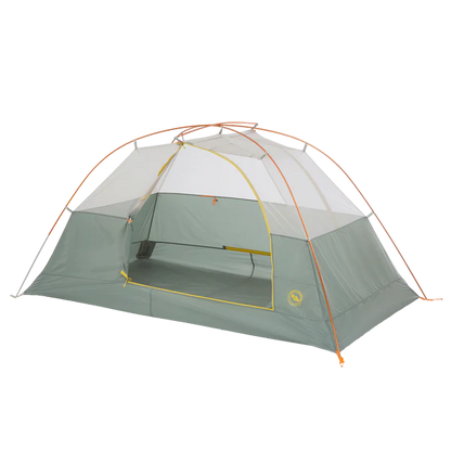 Green and gray tent with orange accents on a white background