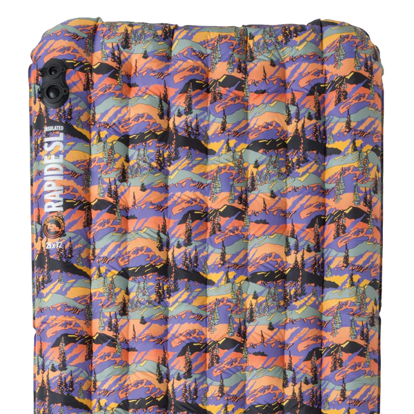 Multicolored patterned inflatable sleeping pad with brand logo on a white background