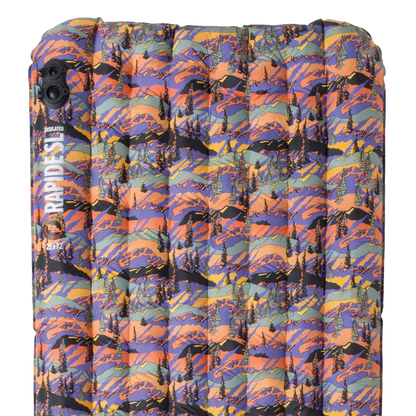 Multicolored patterned inflatable sleeping pad with brand logo on a white background