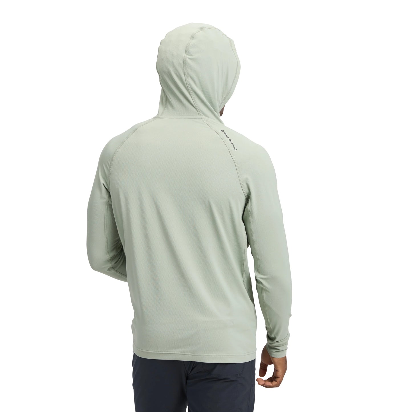 Light gray hoodie worn by a person on a white background