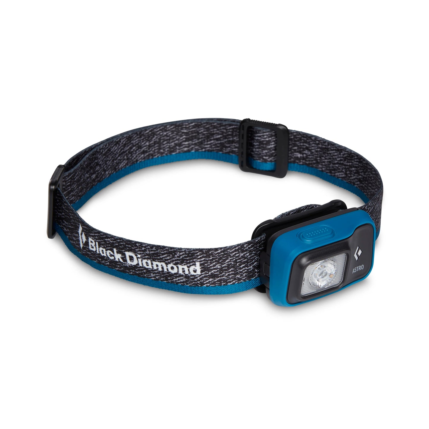 Black Diamond headlamp with blue strap on a white background