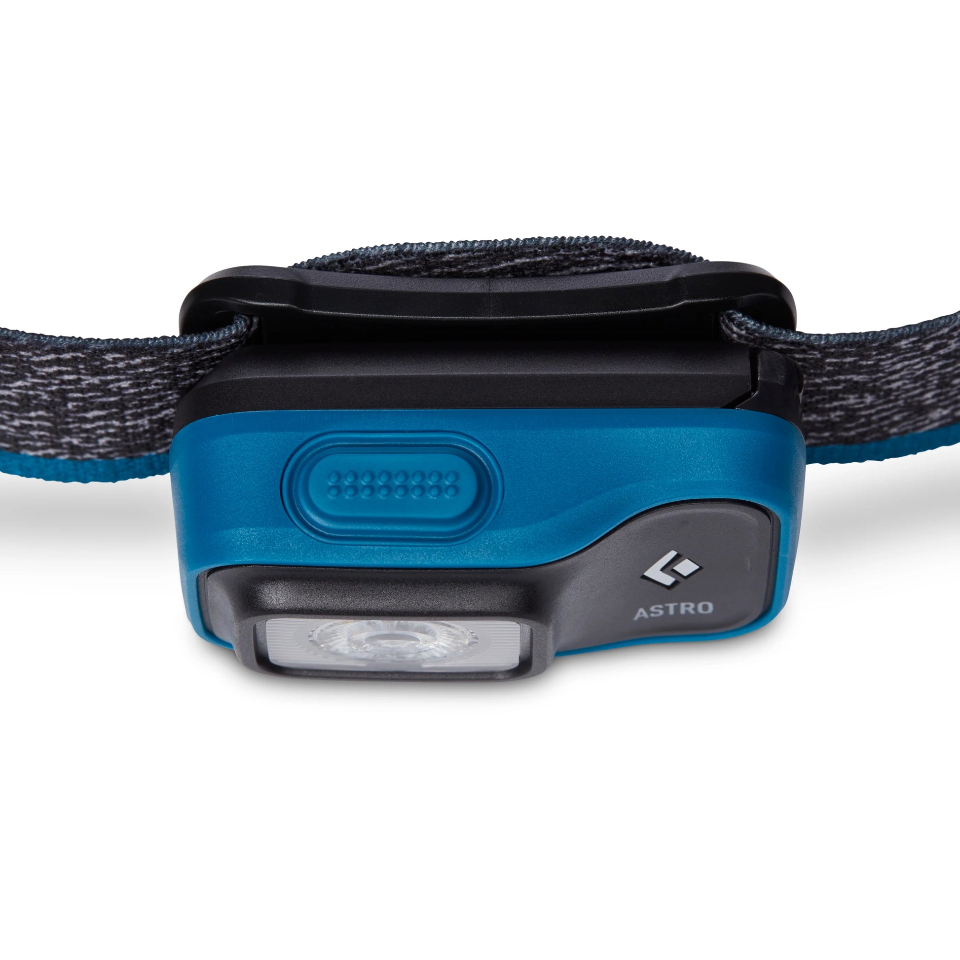Blue headlamp with black strap on a white background