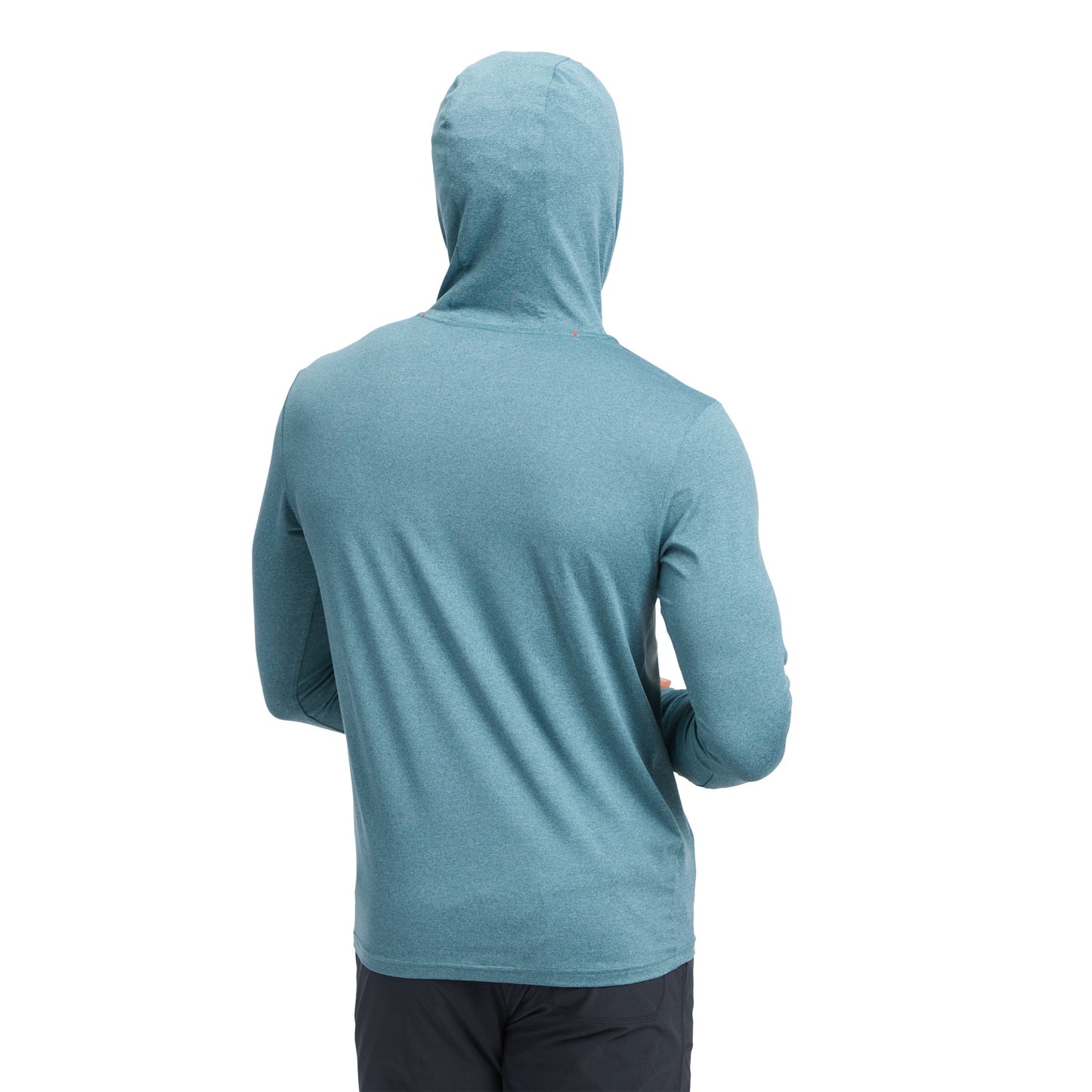 Blue hoodie worn by a person on a white background