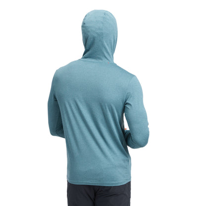 Blue hoodie worn by a person on a white background