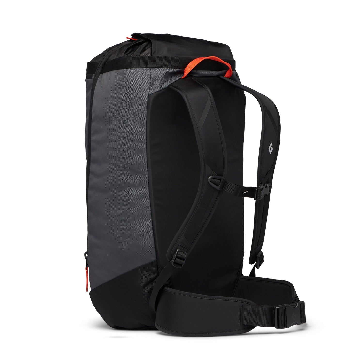 Black and gray backpack with orange accents on a white background