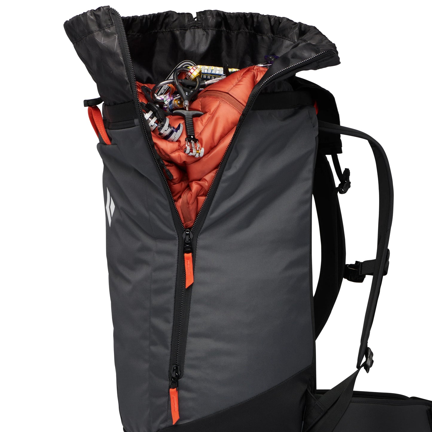 Gray backpack with orange interior showing a jacket inside on a white background