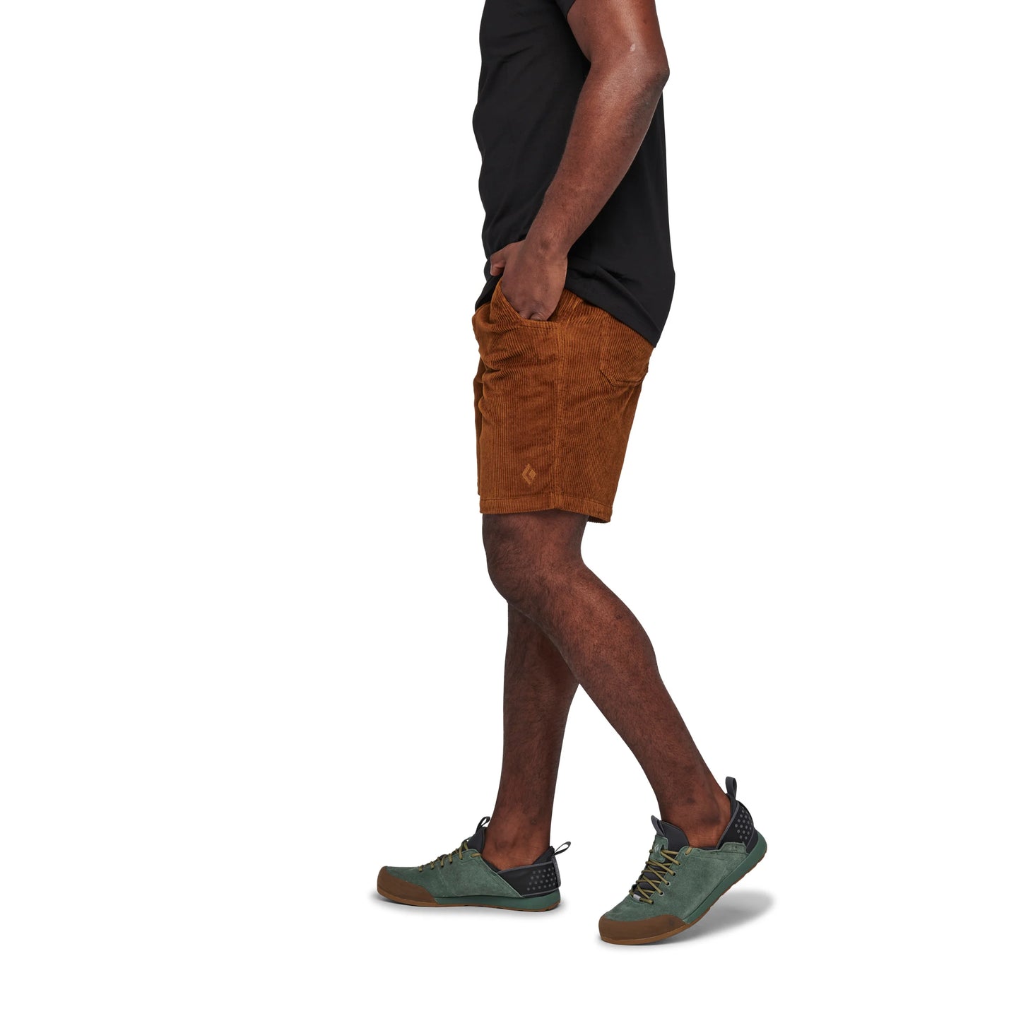 Person wearing brown shorts and green shoes on a white background