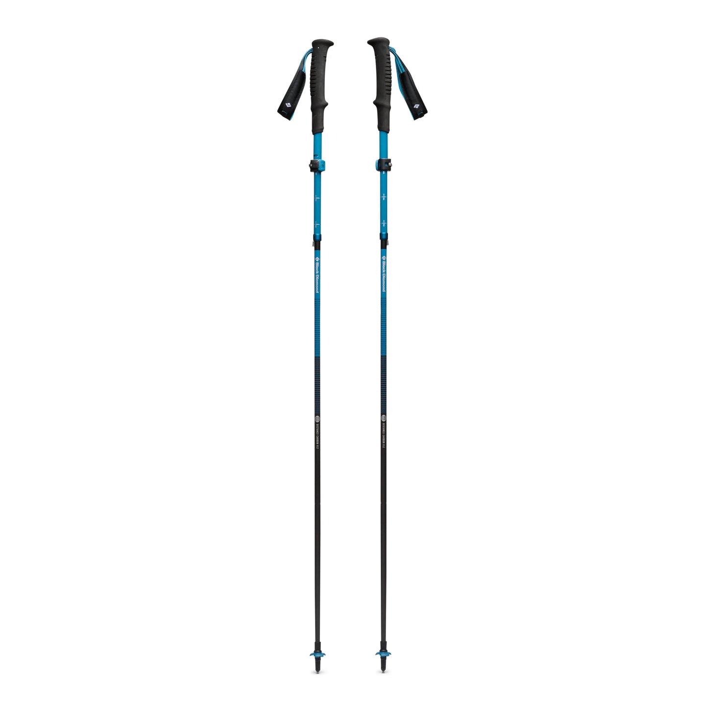 Two blue and black hiking poles on a white background